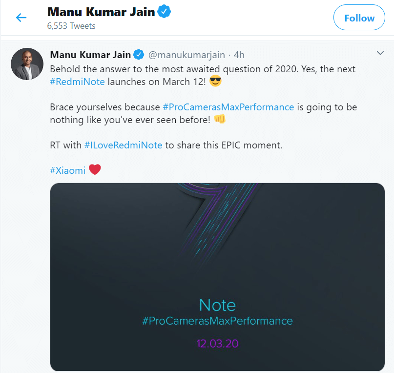 Redmi Note 9 launch on march 12