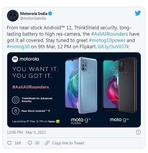 Motorola Moto G10 Power and Moto G30 India Launch on March 9