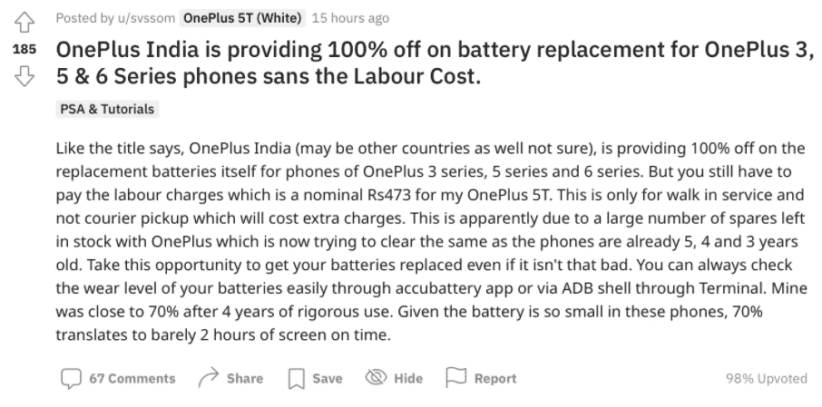 OnePlus India is Offering Free Battery Replacement For OnePlus 3, 5 and 6 Series Phones.