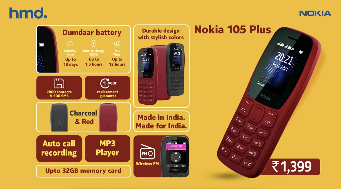 Nokia 105 and Nokia 105 Plus Feature Phones Launched in India