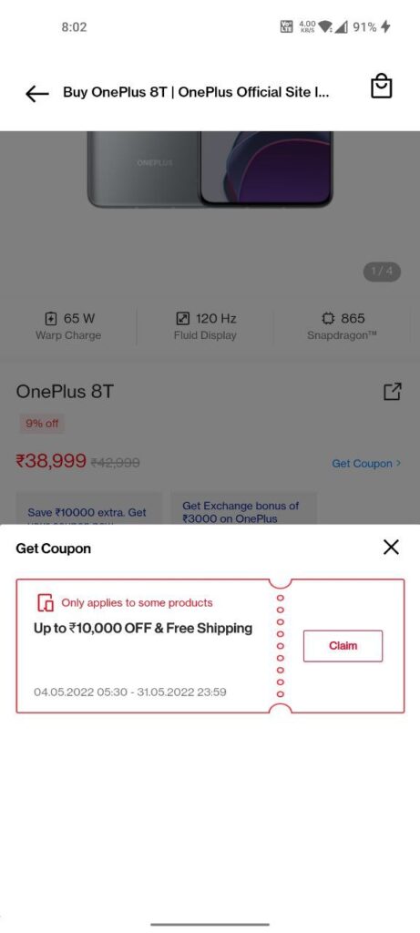 ₹10000 coupon on OnePlus 8T 