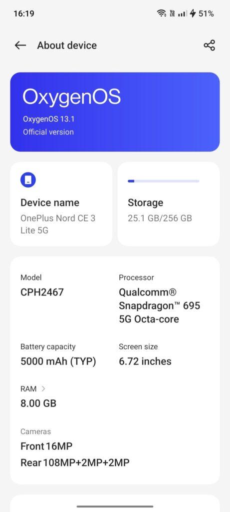 OOS 13.1 About device Nord CE 3 lite