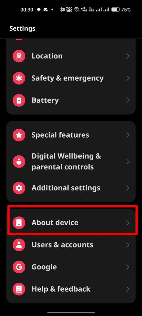 About device in settings