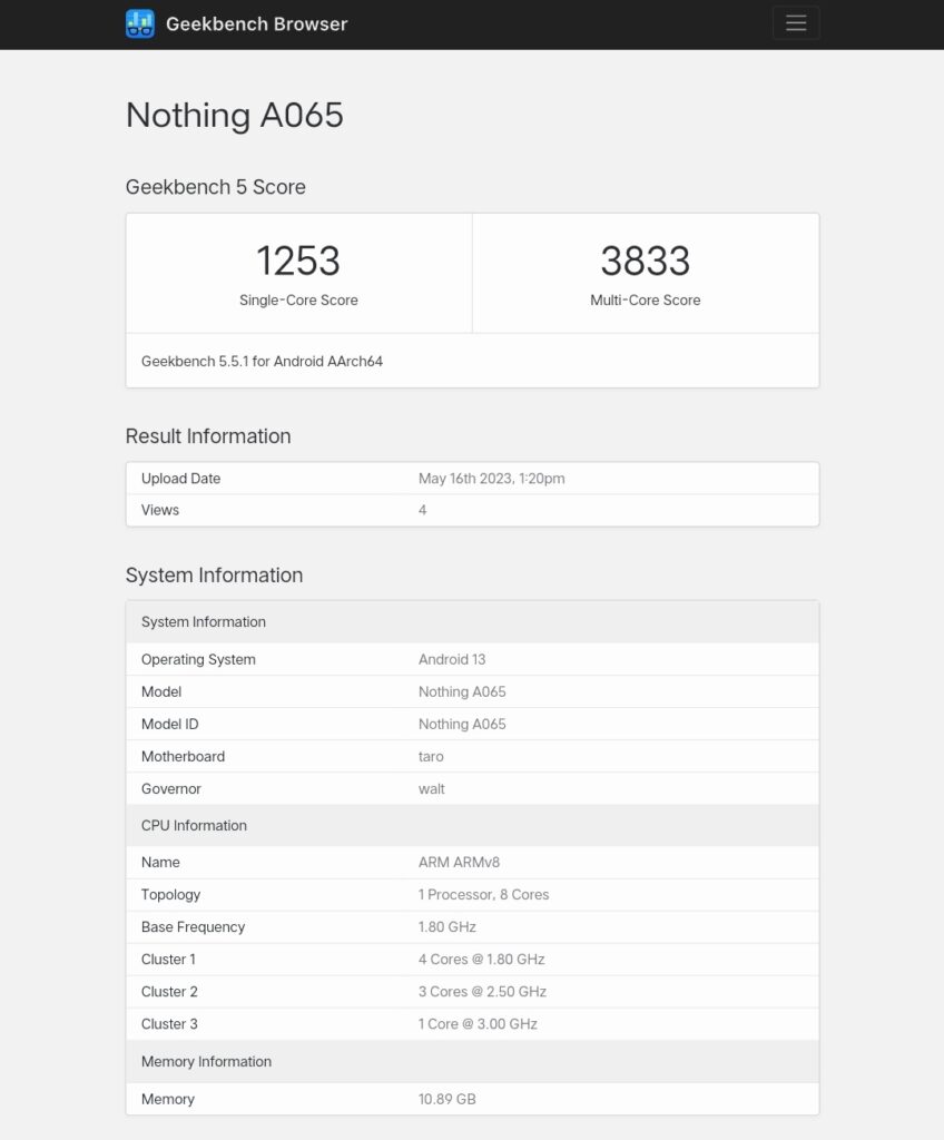 nothing phone (2) geekbench benchmark score