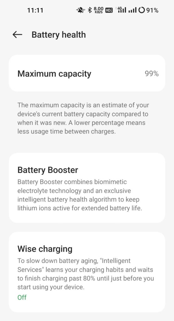 oneplus 11 battery health 99 percent screenshot