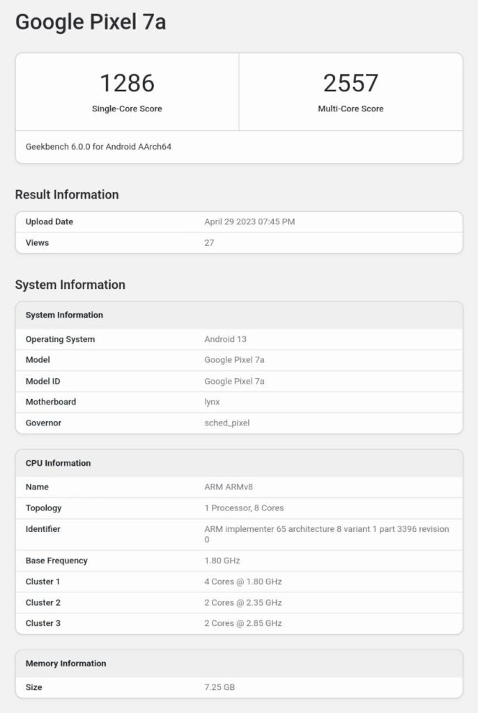 google pixel 7a geekbench score