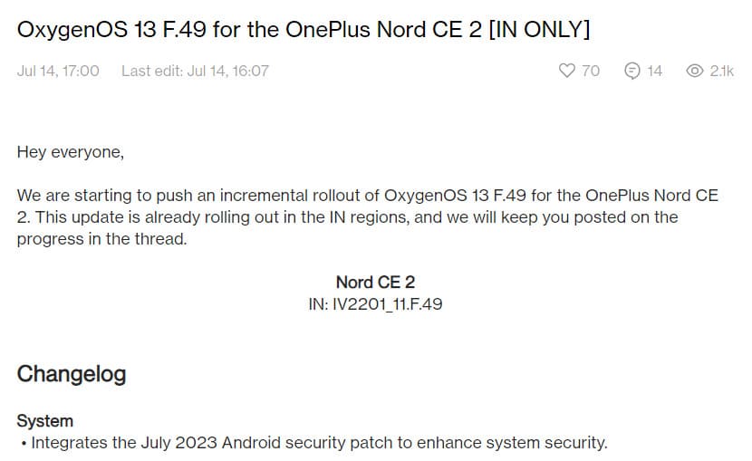 Changelog OnePlus Nord CE 2 F.49