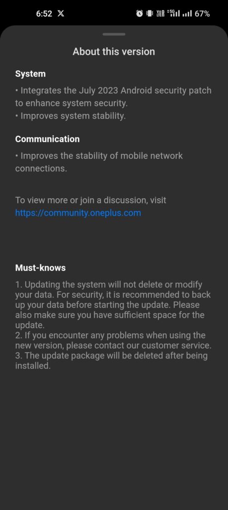 oneplus 11 july 2023 security update changelog screenshot