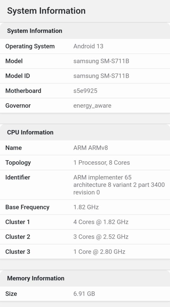 samsung galaxy s23 fe system information geekbench