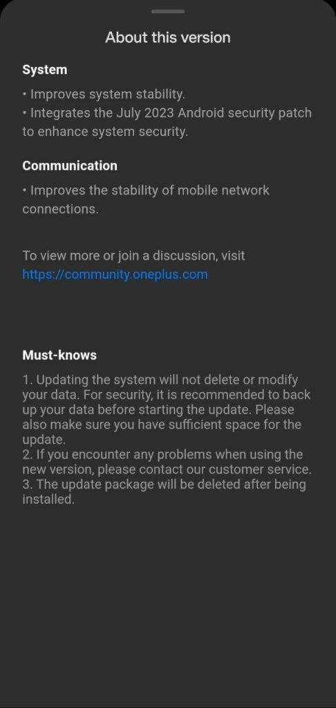 oneplus 9rt july 2023 security update changelog screenshot