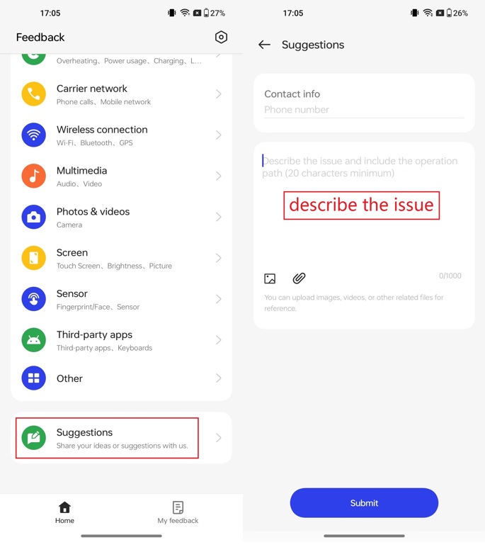 feedback app describe issue screenshot