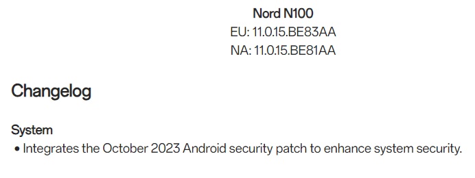 OnePlus Nord N100 October 2023 security update