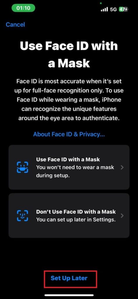 face id set up