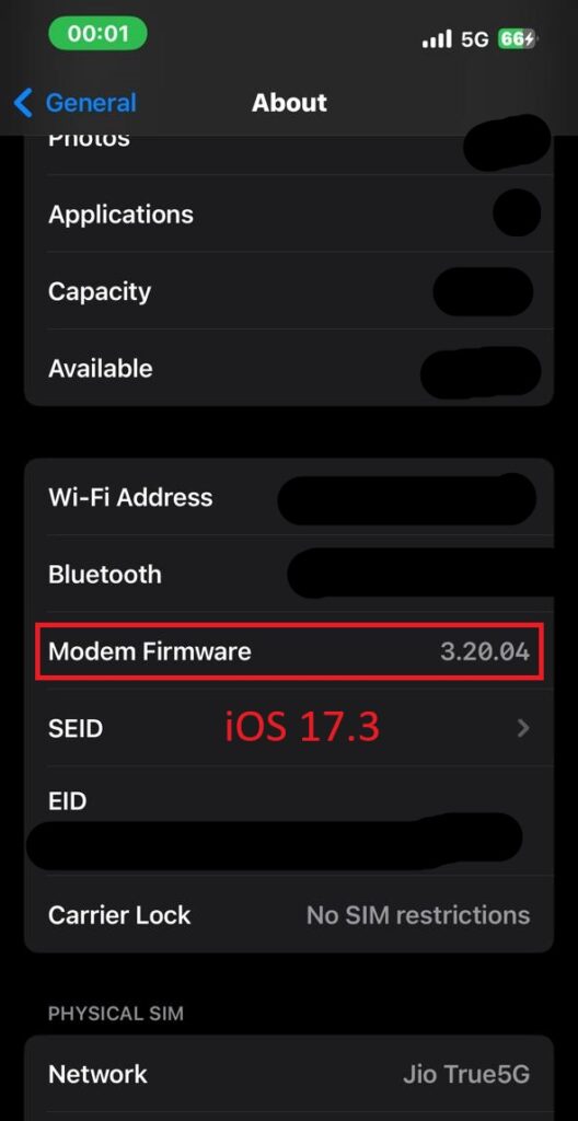 iOS 17.3 Modem firmware version