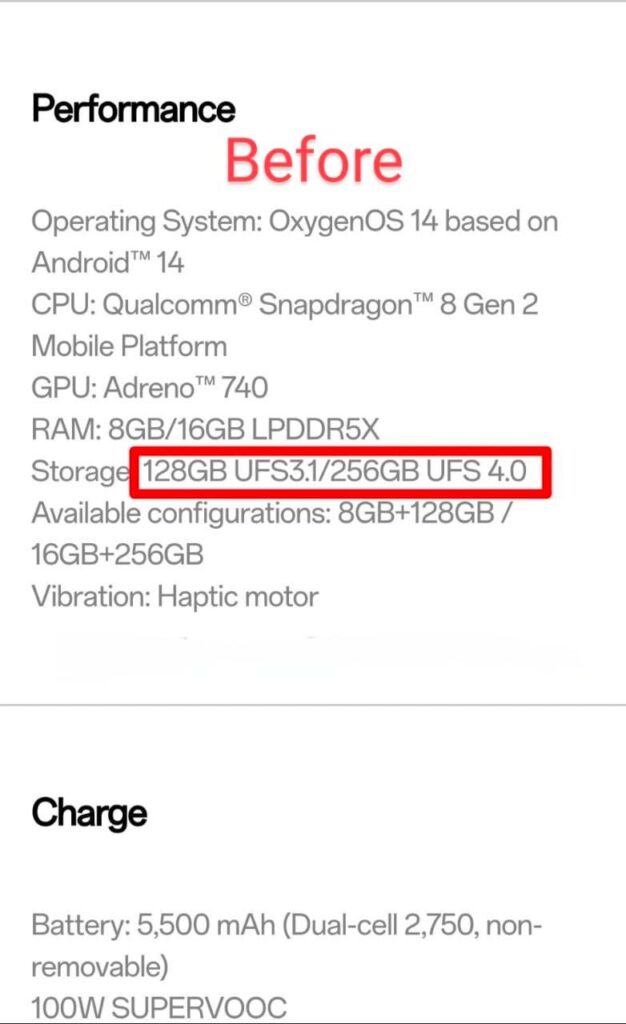 before screenshot showing UFS 4.0 OnePlus 12R