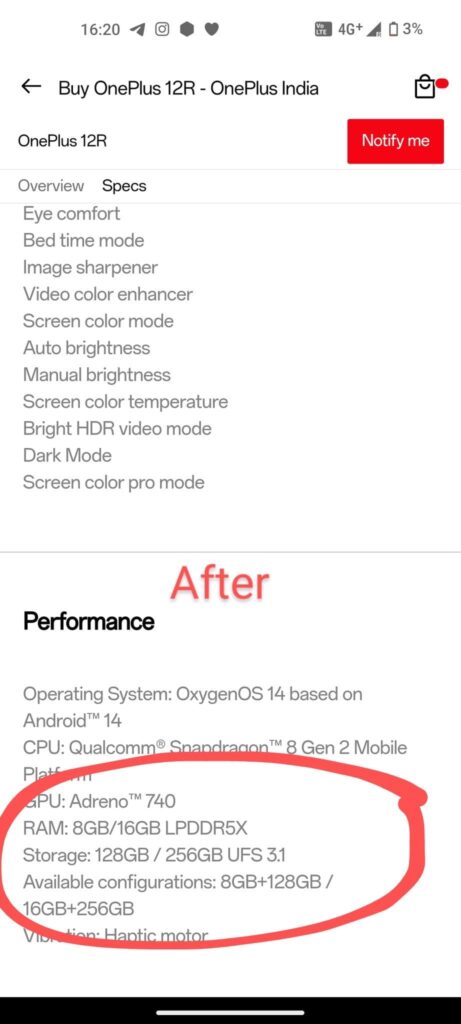 After screenshot showing UFS 3.1 OnePlus 12R