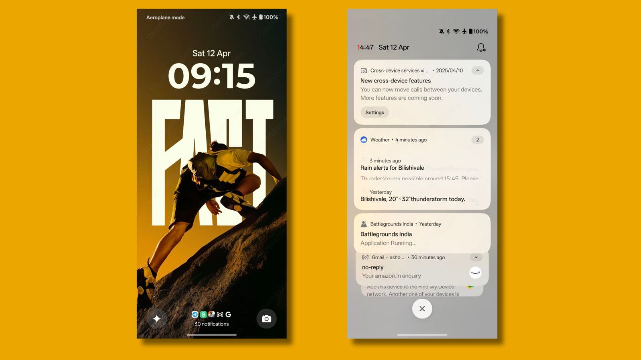 OnePlus 13 lock screen and staggered notifications interface after OxygenOS 15 update with weather and app alerts