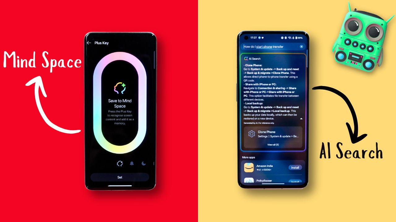OnePlus 11 showing Mind Space and AI Search features on split-screen with red and yellow backgrounds